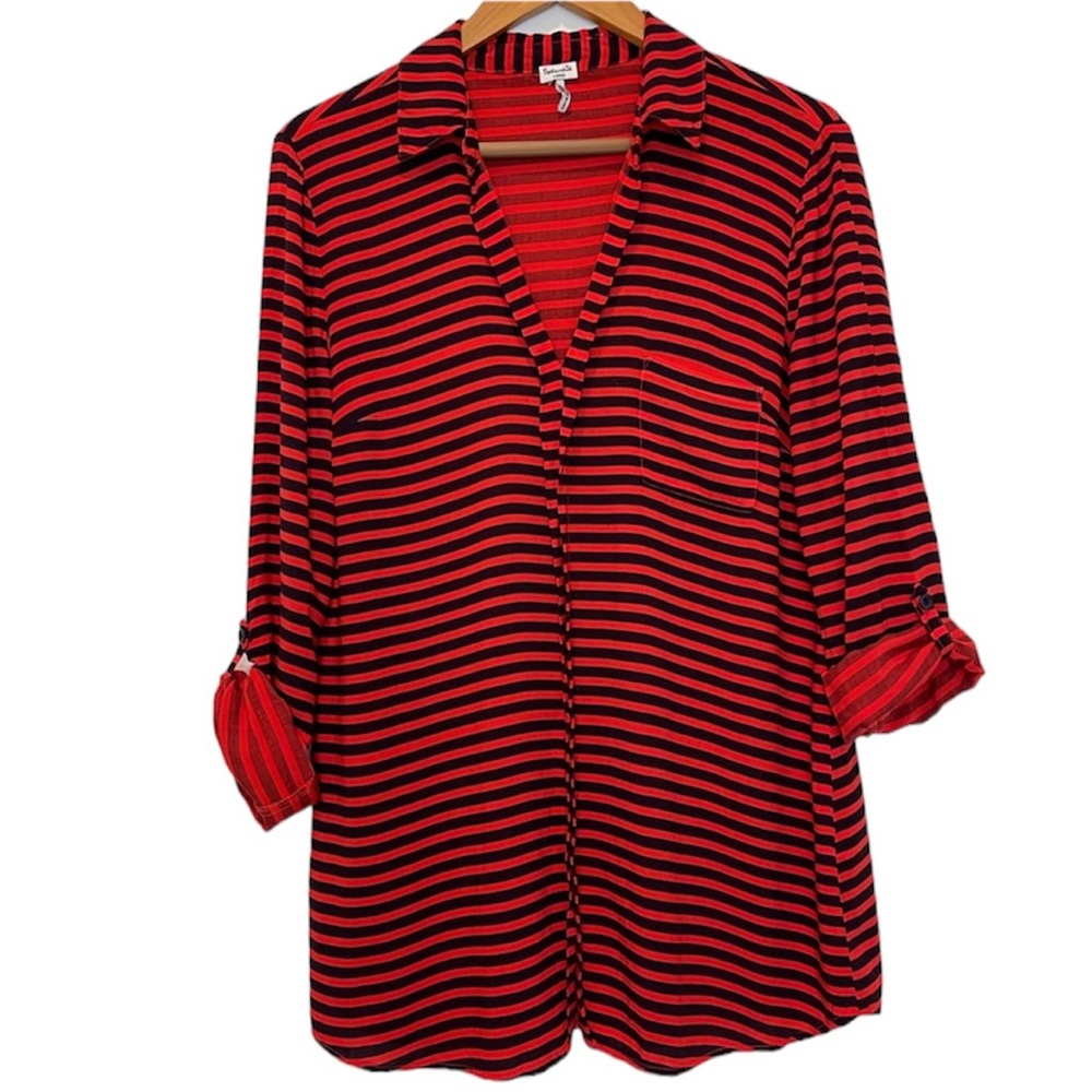Splendid Top Button Up Collard Roll Tab Orange & Navy Striped Women’s Size Large